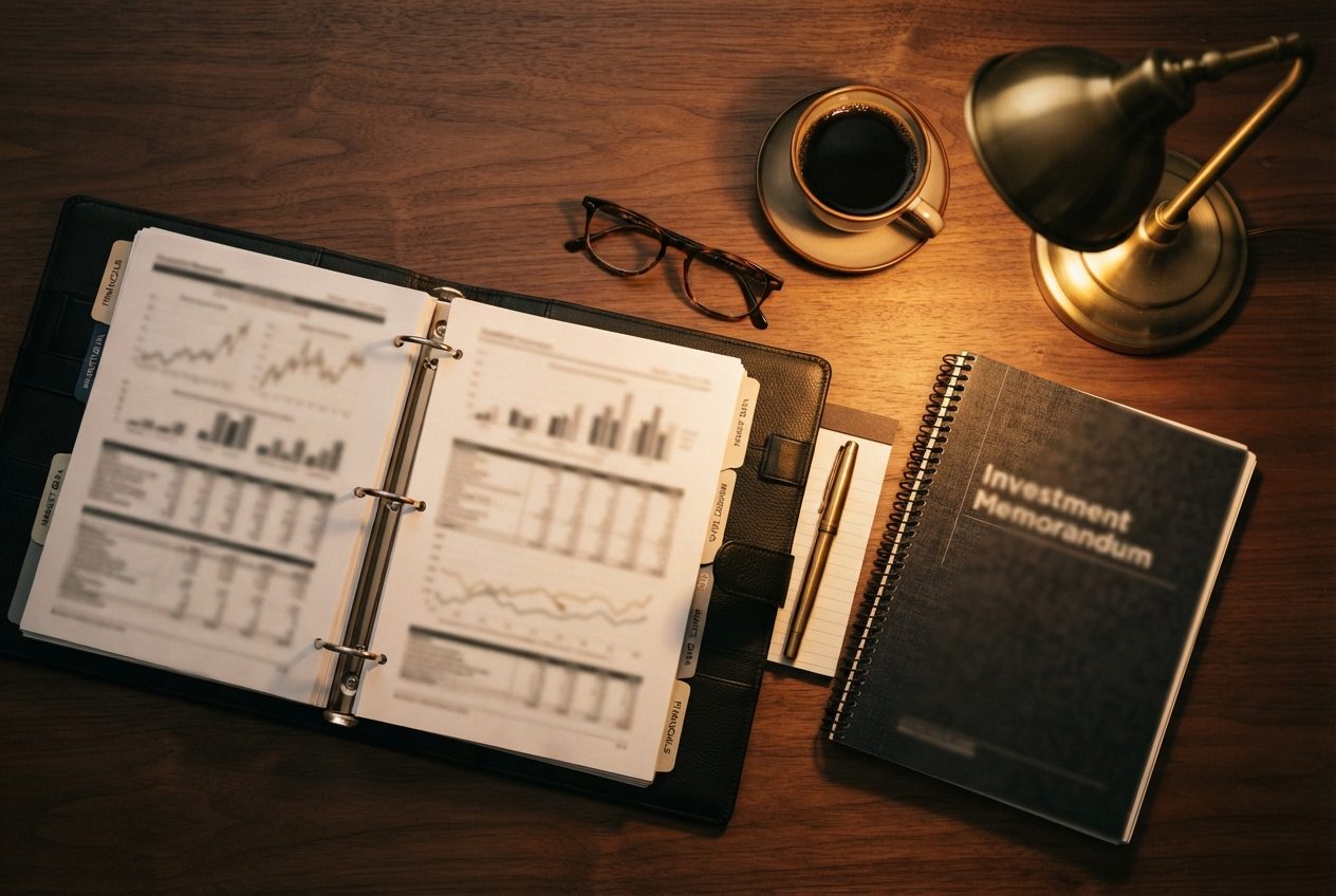 A due-diligence binder of financial statements and an investment memorandum on a desk